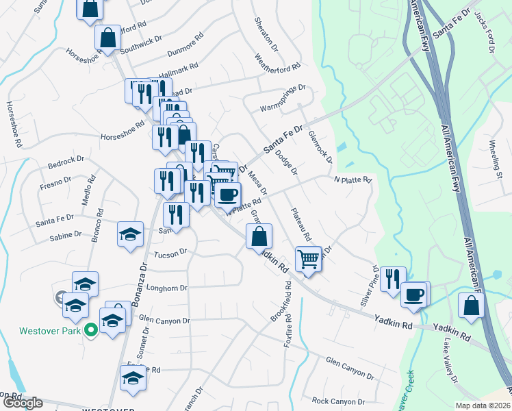 map of restaurants, bars, coffee shops, grocery stores, and more near 5460 Granger Place in Fayetteville