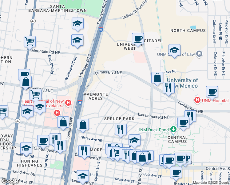 map of restaurants, bars, coffee shops, grocery stores, and more near 1105 Sigma Chi Road Northeast in Albuquerque
