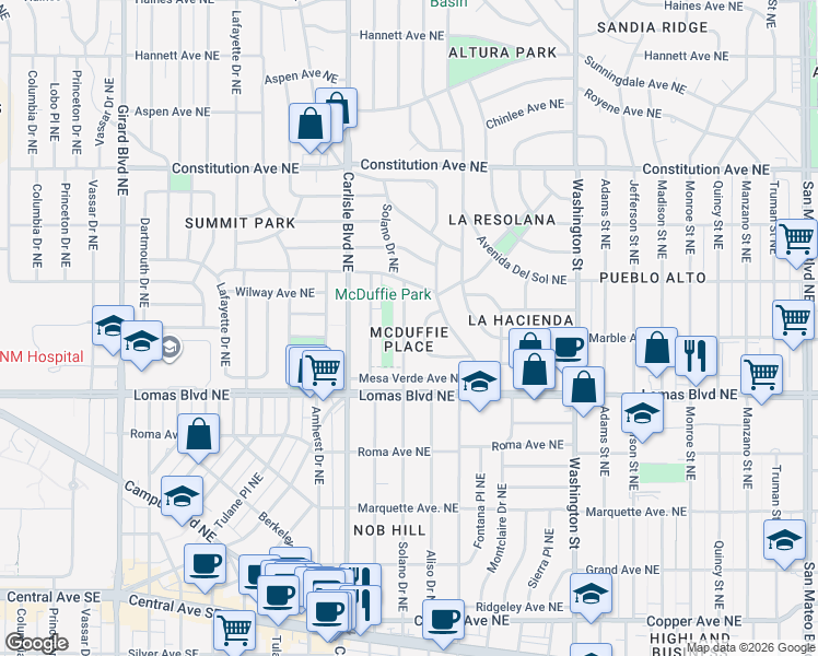 map of restaurants, bars, coffee shops, grocery stores, and more near 808 Solano Drive Northeast in Albuquerque