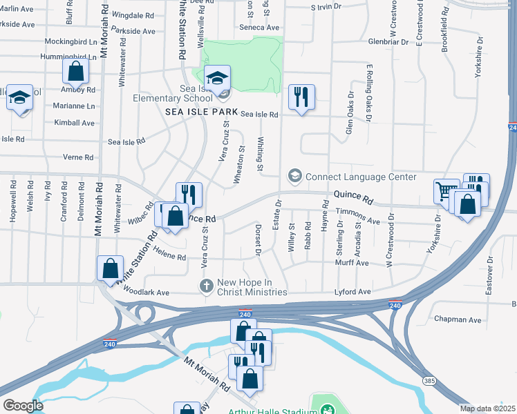map of restaurants, bars, coffee shops, grocery stores, and more near 5279 Quince Road in Memphis