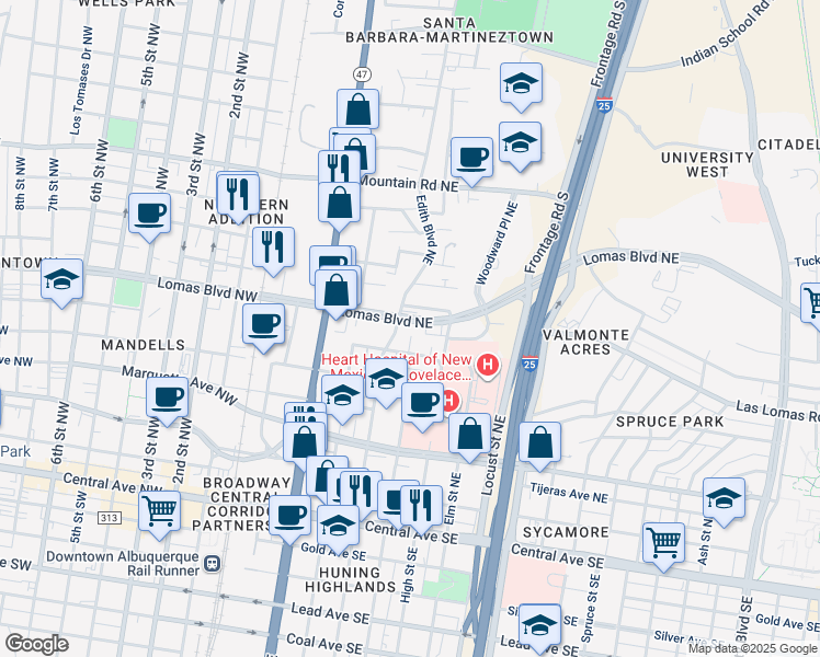 map of restaurants, bars, coffee shops, grocery stores, and more near 717 Tranquilino Court Northeast in Albuquerque
