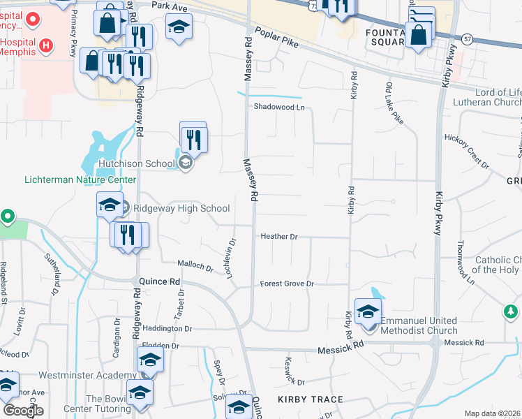 map of restaurants, bars, coffee shops, grocery stores, and more near 6354 Kirby Oaks Drive in Memphis