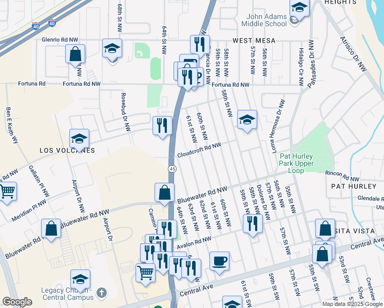 map of restaurants, bars, coffee shops, grocery stores, and more near 471 61st Street Northwest in Albuquerque