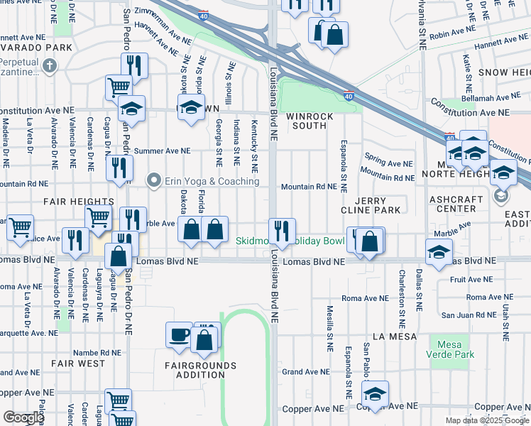 map of restaurants, bars, coffee shops, grocery stores, and more near 1001 Louisiana Boulevard Northeast in Albuquerque