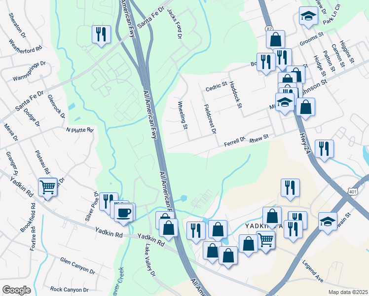 map of restaurants, bars, coffee shops, grocery stores, and more near 626 Dashland Drive in Fayetteville