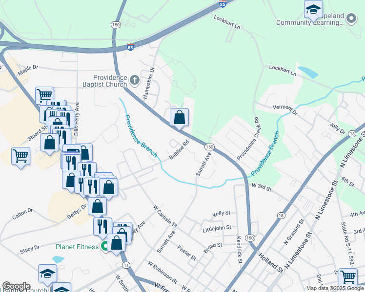 map of restaurants, bars, coffee shops, grocery stores, and more near 278-298 Beltline Road in Gaffney