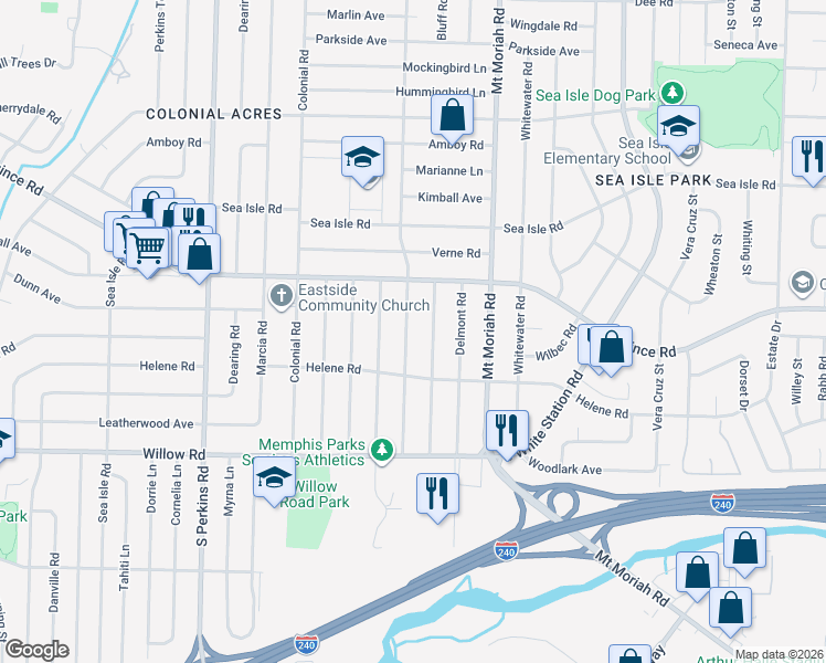 map of restaurants, bars, coffee shops, grocery stores, and more near 1541 Ivy Road in Memphis