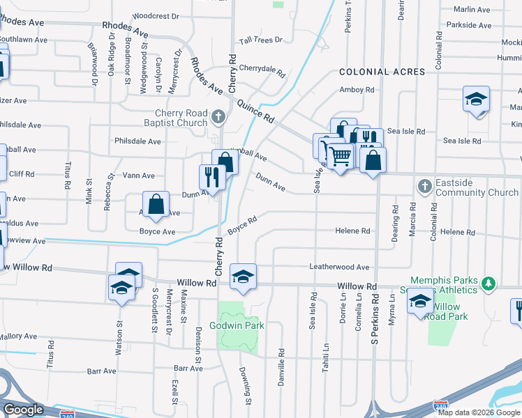 map of restaurants, bars, coffee shops, grocery stores, and more near 4426 Boyce Road in Memphis