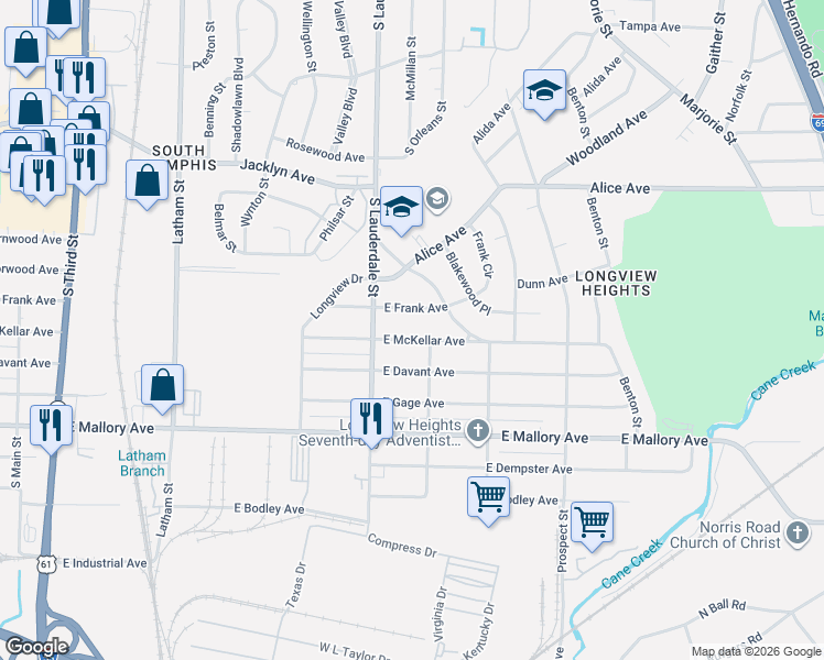 map of restaurants, bars, coffee shops, grocery stores, and more near 586 East McKellar Avenue in Memphis