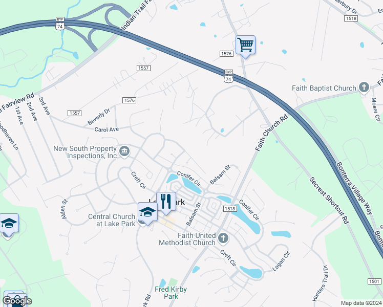 map of restaurants, bars, coffee shops, grocery stores, and more near 6202 Trevor Simpson Drive in Indian Trail