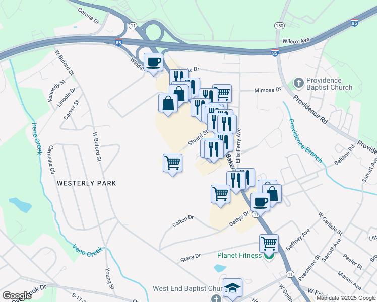 map of restaurants, bars, coffee shops, grocery stores, and more near 103 Stuard St in Gaffney