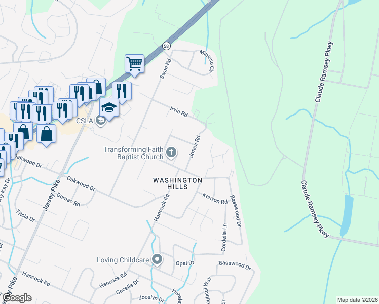 map of restaurants, bars, coffee shops, grocery stores, and more near 5013 Irvin Road in Chattanooga