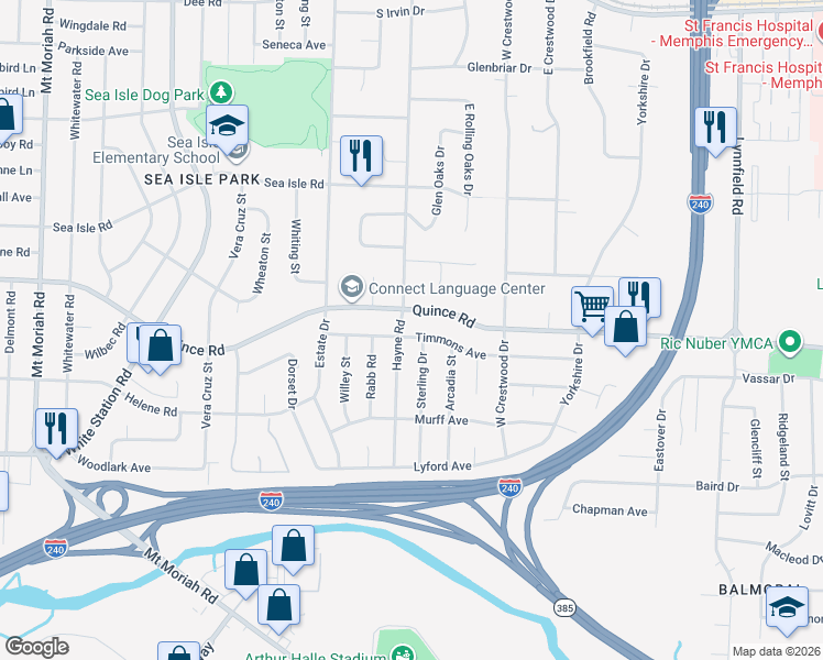 map of restaurants, bars, coffee shops, grocery stores, and more near 5410 Timmons Avenue in Memphis