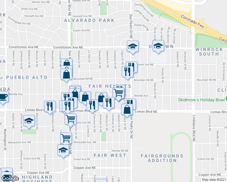 map of restaurants, bars, coffee shops, grocery stores, and more near 5905 Marble Avenue in Albuquerque