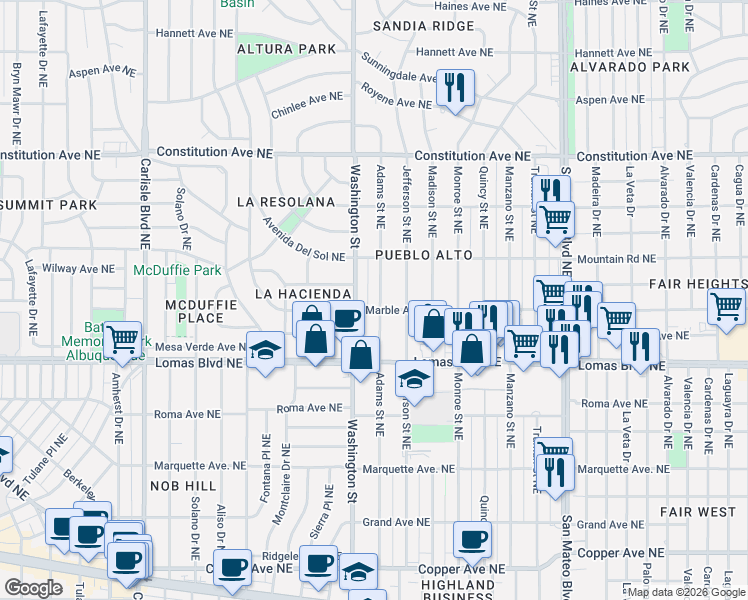 map of restaurants, bars, coffee shops, grocery stores, and more near 4417 Marble Avenue in Albuquerque