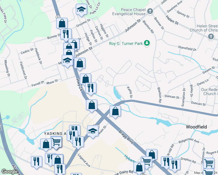 map of restaurants, bars, coffee shops, grocery stores, and more near 1190 Wrenwood Court in Fayetteville