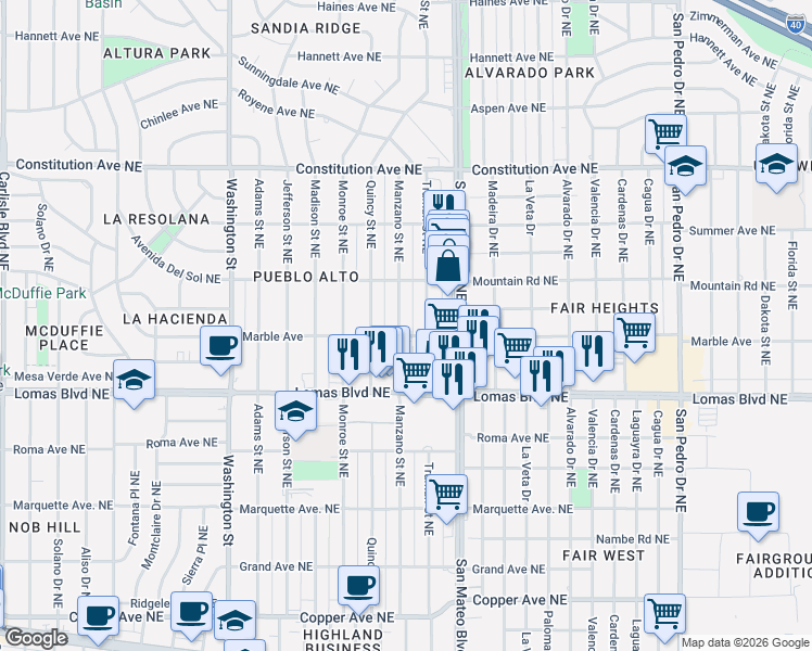 map of restaurants, bars, coffee shops, grocery stores, and more near 700 Manzano Street Northeast in Albuquerque