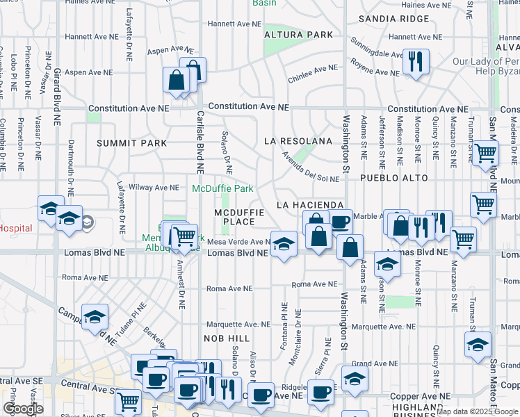 map of restaurants, bars, coffee shops, grocery stores, and more near 725 Montclaire Drive Northeast in Albuquerque