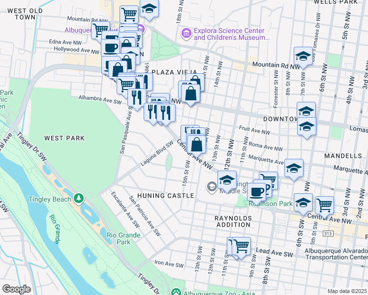 map of restaurants, bars, coffee shops, grocery stores, and more near 1500 Central Avenue Southwest in Albuquerque