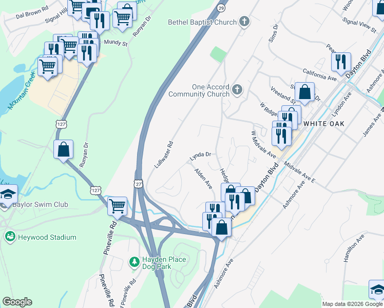 map of restaurants, bars, coffee shops, grocery stores, and more near 117 Lynda Drive in Chattanooga