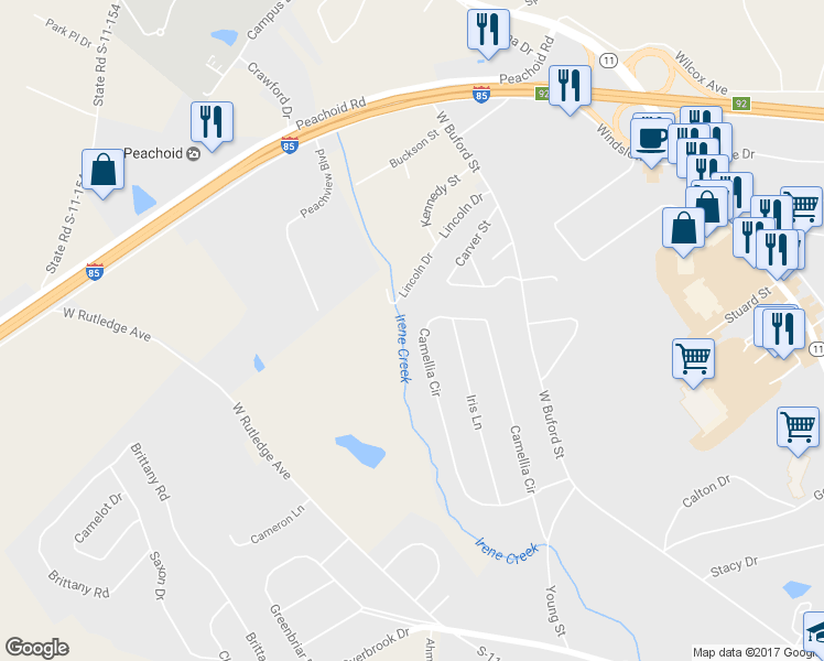 map of restaurants, bars, coffee shops, grocery stores, and more near 198 Camellia Circle in Gaffney