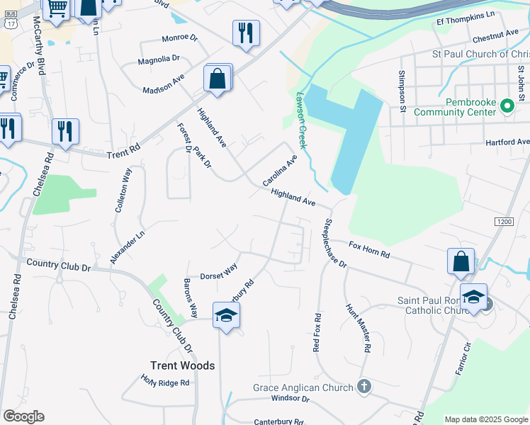 map of restaurants, bars, coffee shops, grocery stores, and more near 904 Longwood Drive in Trent Woods