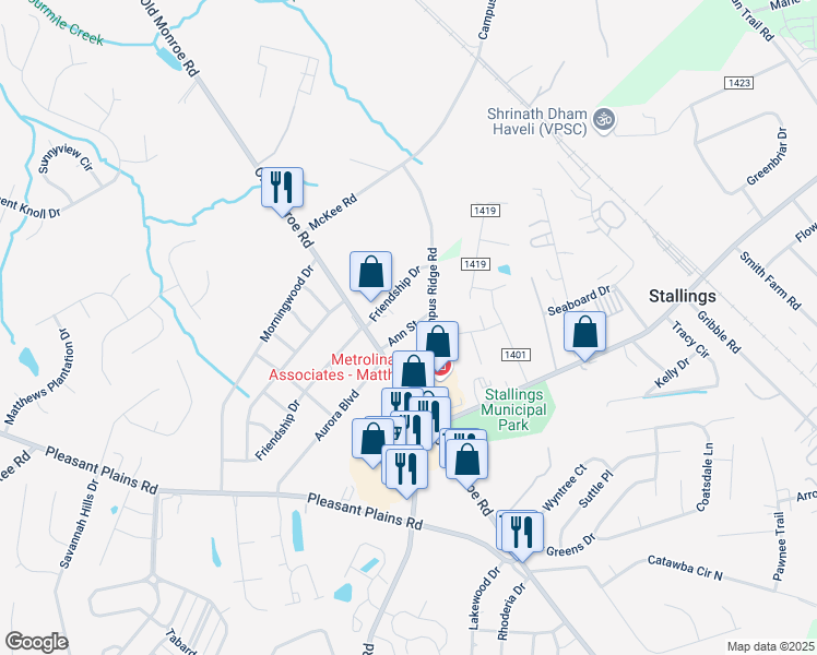 map of restaurants, bars, coffee shops, grocery stores, and more near 201 Ann Street in Stallings