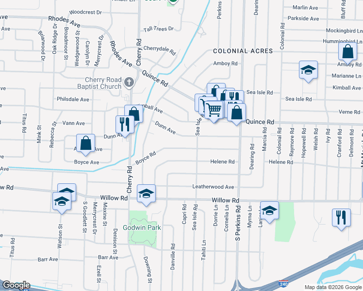 map of restaurants, bars, coffee shops, grocery stores, and more near 4490 Boyce Road in Memphis
