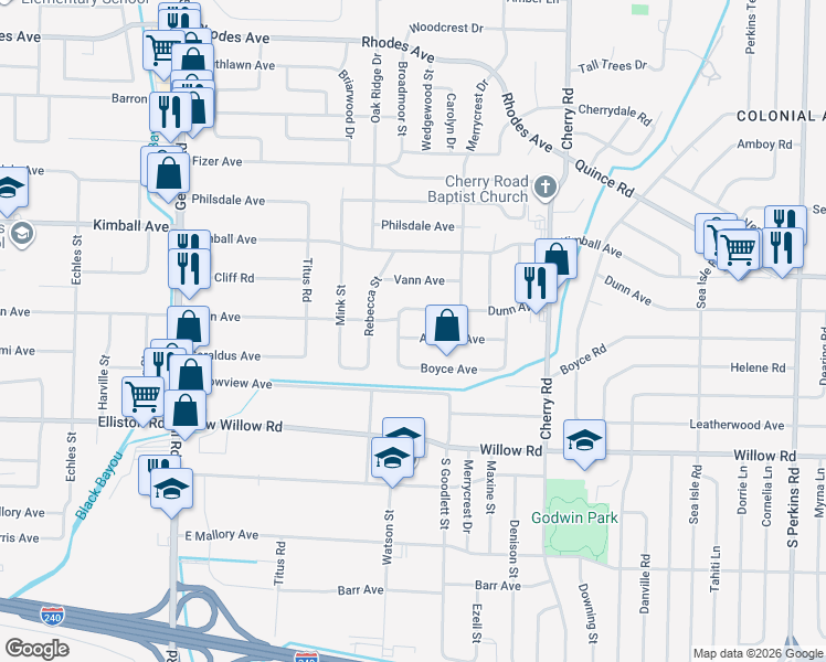 map of restaurants, bars, coffee shops, grocery stores, and more near 4198 Atwood Avenue in Memphis