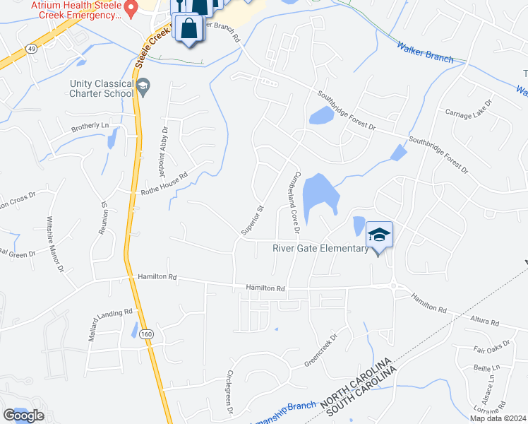 map of restaurants, bars, coffee shops, grocery stores, and more near 15107 Superior Street in Charlotte