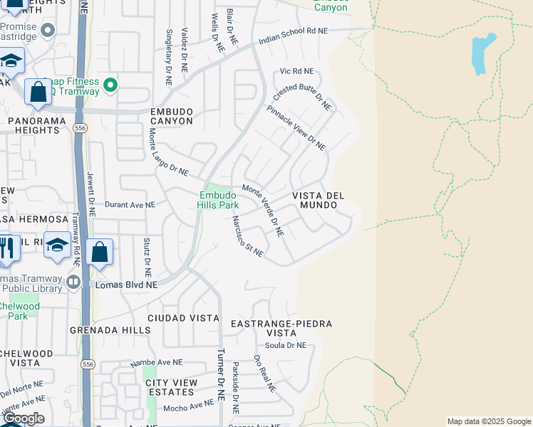 map of restaurants, bars, coffee shops, grocery stores, and more near 1249 Monte Verde Drive Northeast in Albuquerque