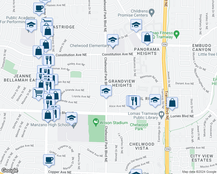 map of restaurants, bars, coffee shops, grocery stores, and more near in Albuquerque