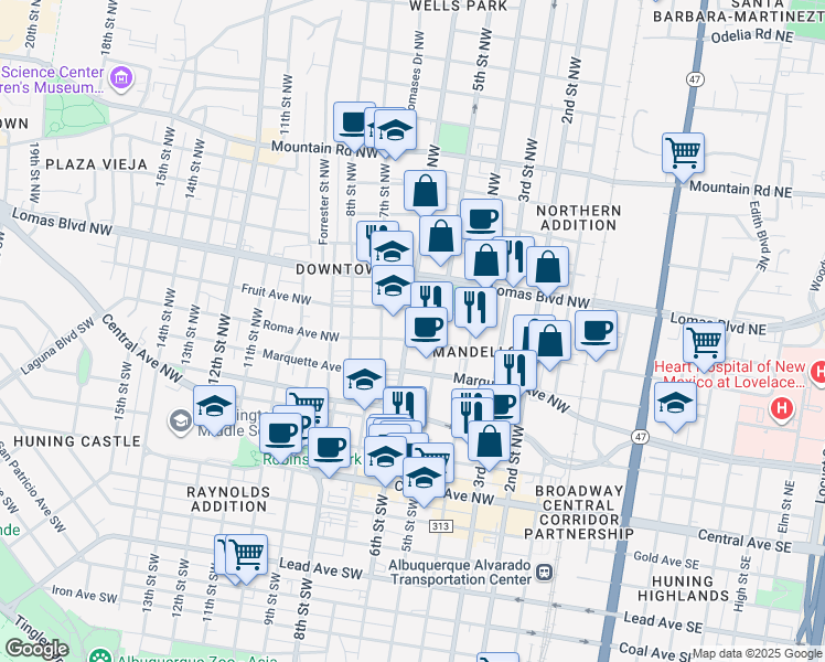 map of restaurants, bars, coffee shops, grocery stores, and more near 521 Roma Avenue Northwest in Albuquerque