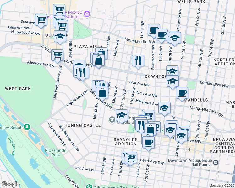 map of restaurants, bars, coffee shops, grocery stores, and more near 303 12th Street Northwest in Albuquerque