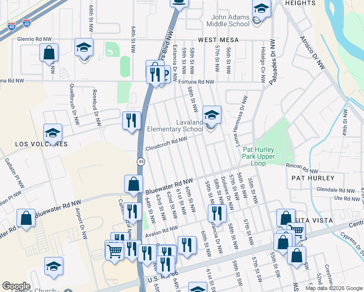 map of restaurants, bars, coffee shops, grocery stores, and more near 464 60th Street Northwest in Albuquerque