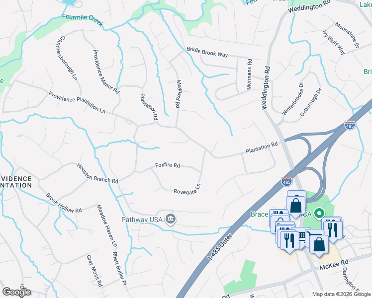 map of restaurants, bars, coffee shops, grocery stores, and more near 2217 Blue Bell Lane in Charlotte