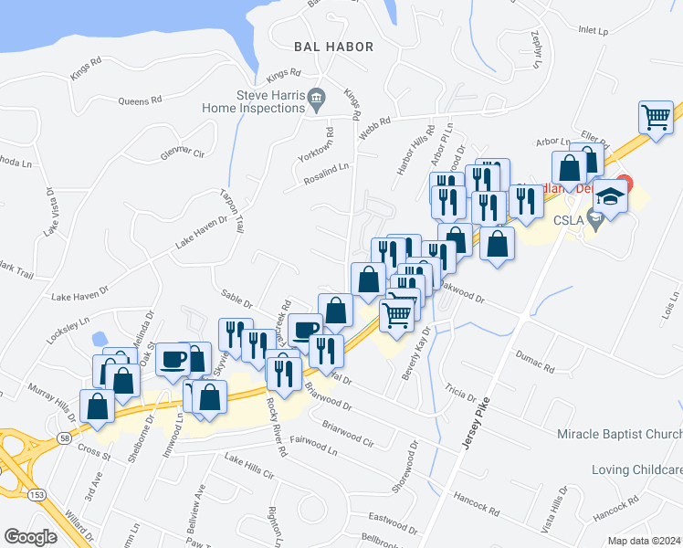 map of restaurants, bars, coffee shops, grocery stores, and more near 3931 Webb Road in Chattanooga