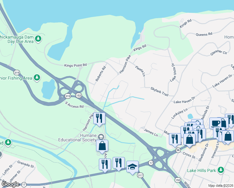 map of restaurants, bars, coffee shops, grocery stores, and more near 4419 Kings Lake Court in Chattanooga