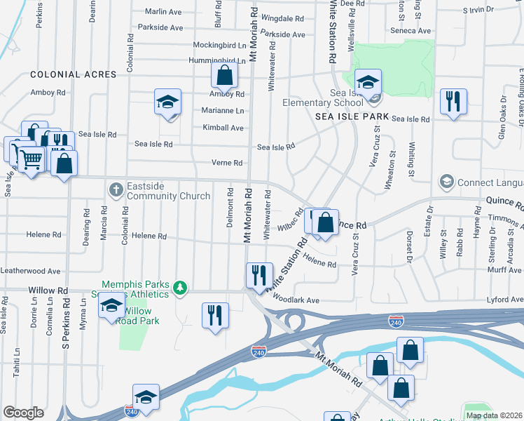 map of restaurants, bars, coffee shops, grocery stores, and more near 1543 Whitewater Road in Memphis