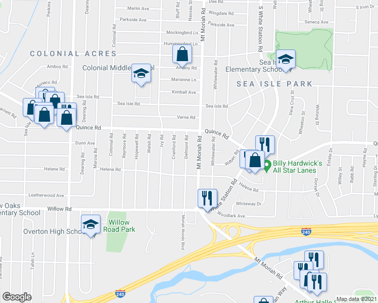 map of restaurants, bars, coffee shops, grocery stores, and more near 1541 Mount Moriah Road in Memphis