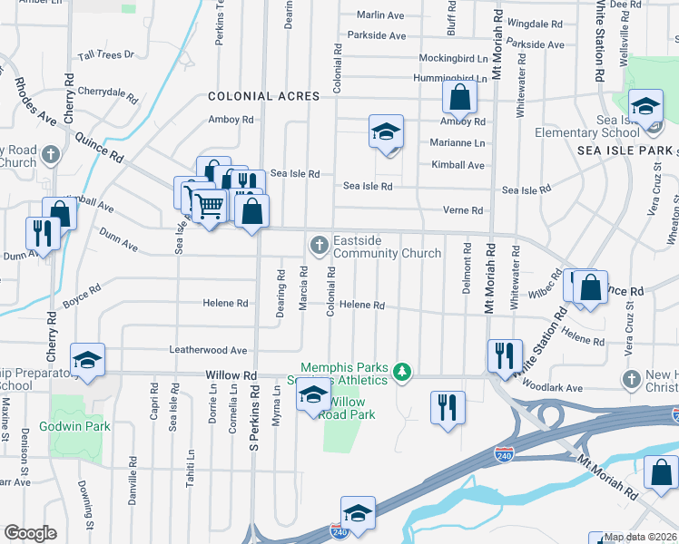 map of restaurants, bars, coffee shops, grocery stores, and more near 1541 Raymore Road in Memphis