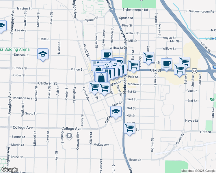 map of restaurants, bars, coffee shops, grocery stores, and more near in Conway
