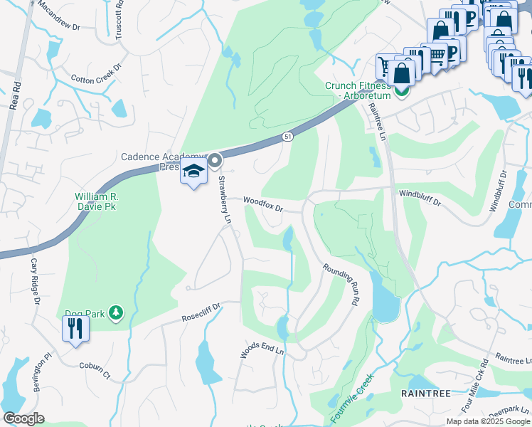 map of restaurants, bars, coffee shops, grocery stores, and more near 4220 Burning Tree Drive in Charlotte