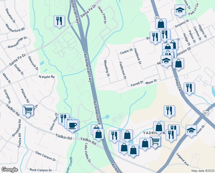 map of restaurants, bars, coffee shops, grocery stores, and more near 626 Dashland Drive in Fayetteville