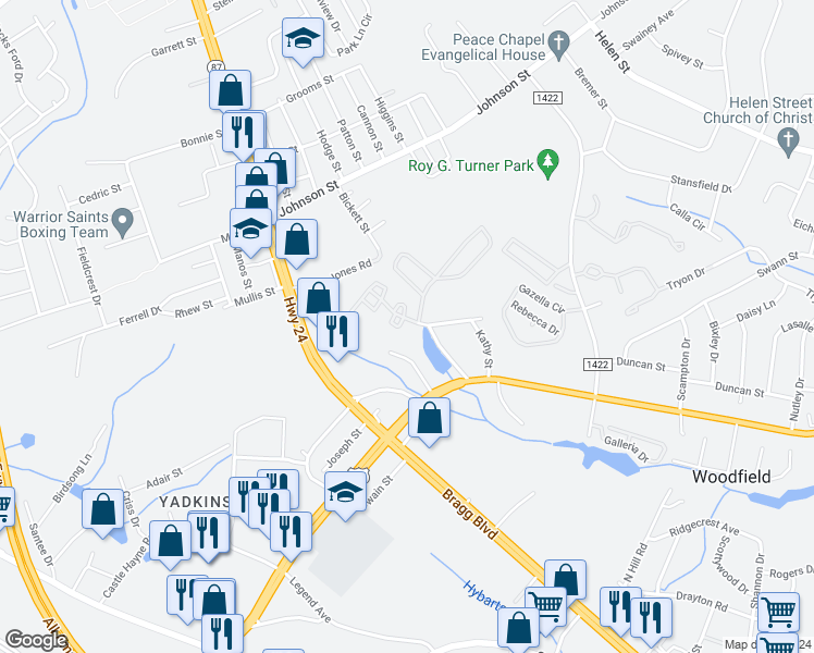 map of restaurants, bars, coffee shops, grocery stores, and more near 1194 Wrenwood Court in Fayetteville