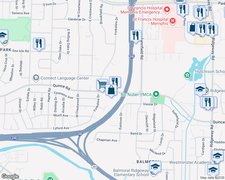 map of restaurants, bars, coffee shops, grocery stores, and more near 5726 Quince Road in Memphis