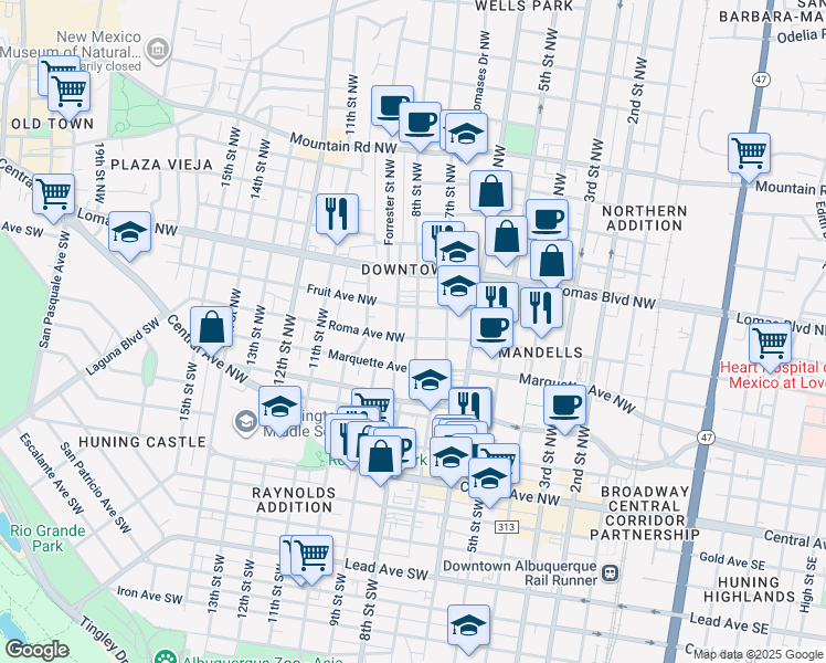map of restaurants, bars, coffee shops, grocery stores, and more near 601 8th Street Northwest in Albuquerque