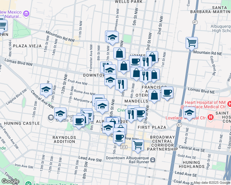map of restaurants, bars, coffee shops, grocery stores, and more near 521 Roma Avenue Northwest in Albuquerque