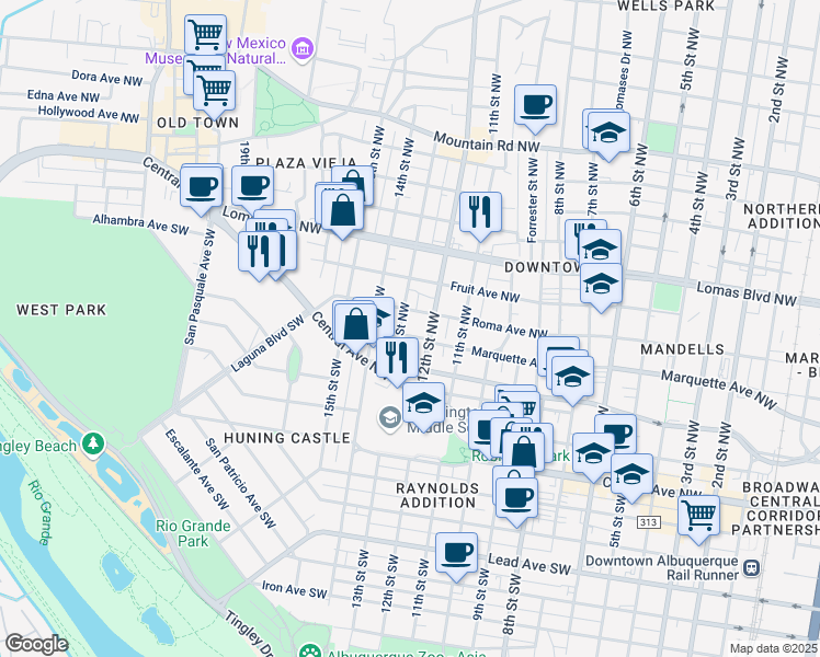 map of restaurants, bars, coffee shops, grocery stores, and more near 303 12th Street Northwest in Albuquerque