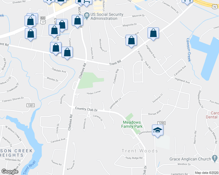 map of restaurants, bars, coffee shops, grocery stores, and more near 1049 Colleton Way in Trent Woods